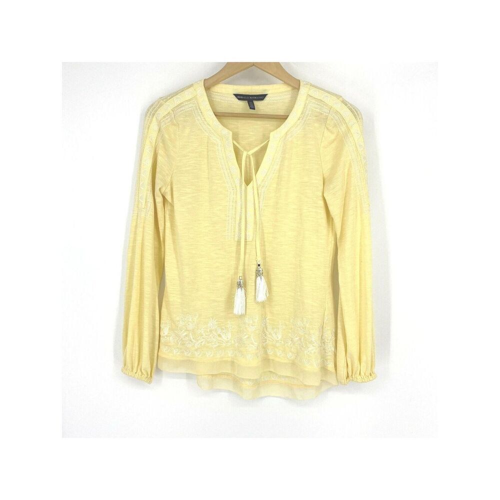 White House Black Market Shirt Size XS Yellow Boho Embroidered Top Tassel Ties